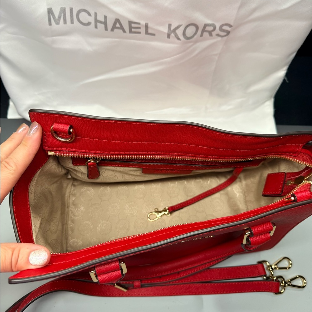 Michael Kors Red Satchel Top Handle Bag & Strap Wallet Set Gold Hardware - Picture 6 of 11
